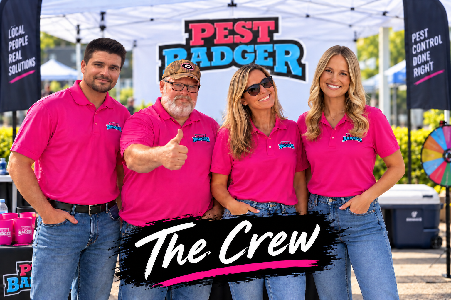 The Pest Badger crew in pink shirts at a Pest Badger booth
